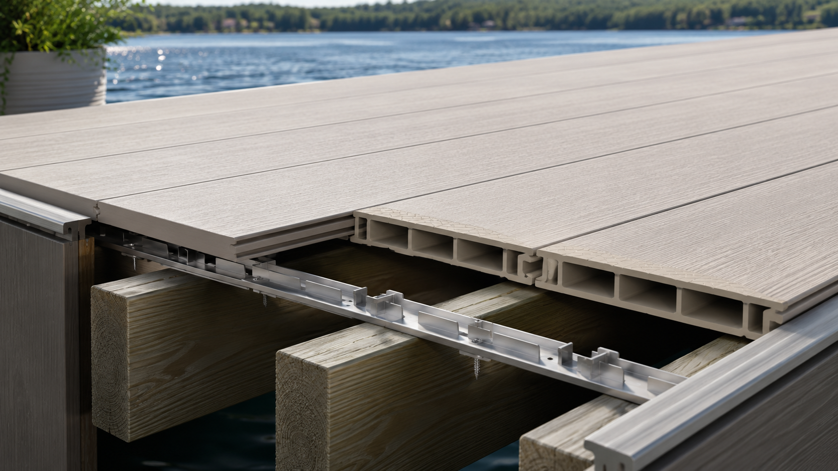 Aluminum DockDeck clip strip fastened to dock framing beneath partially installed boards